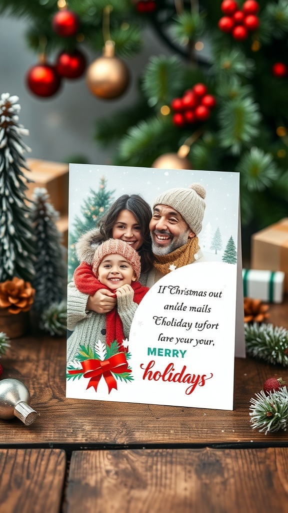 A family of four in festive attire on a Christmas card with a snowy background and holiday decorations.